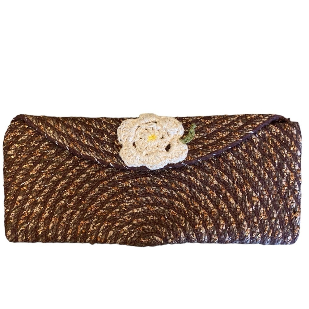 Handmade brown rope embroidered clutch crochet flower boho western 70s
